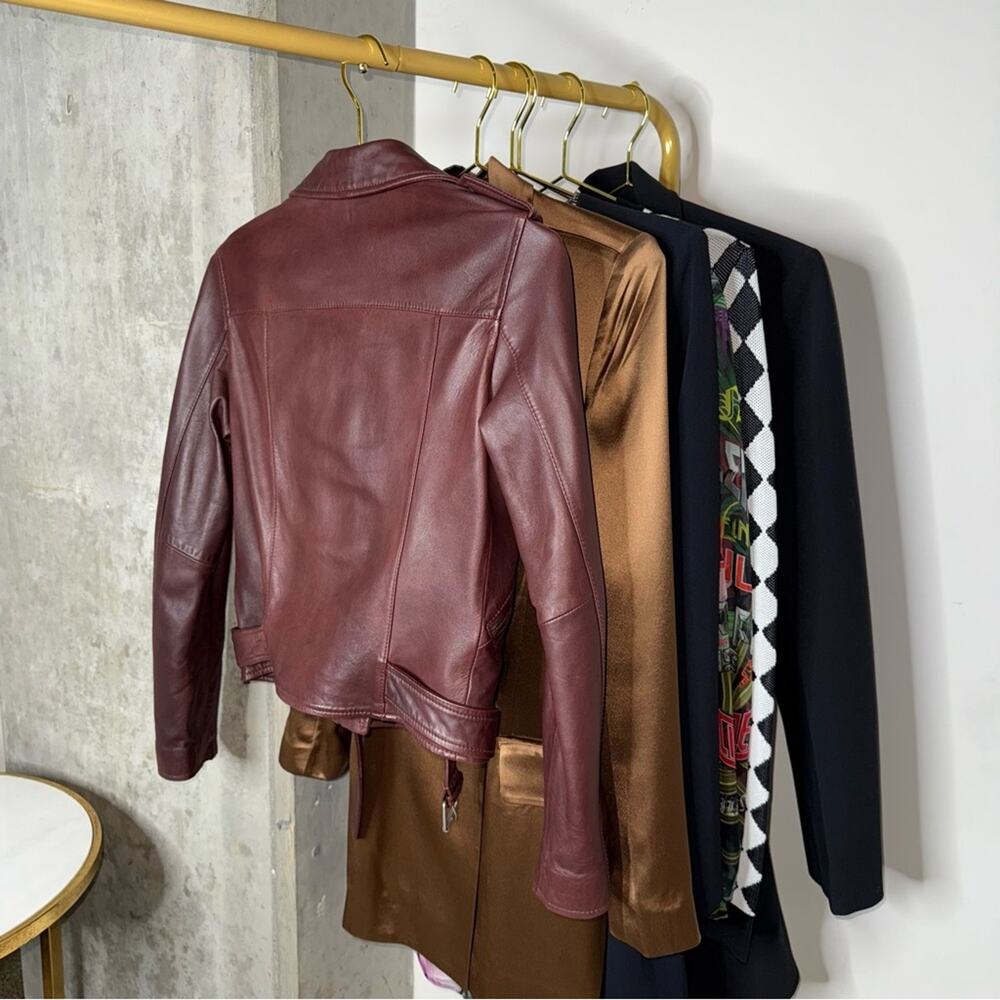 ALLSAINTS Balfern Moto Leather Biker Jacket in Burgundy Womens 0 EUC - Picture 7 of 17